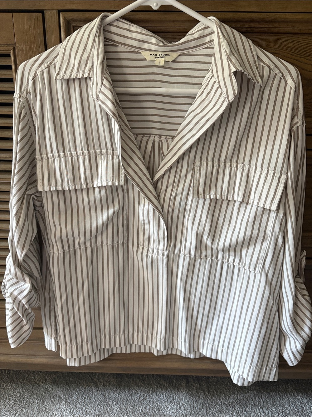 Max Studio Cream and White Striped Utility Blouse